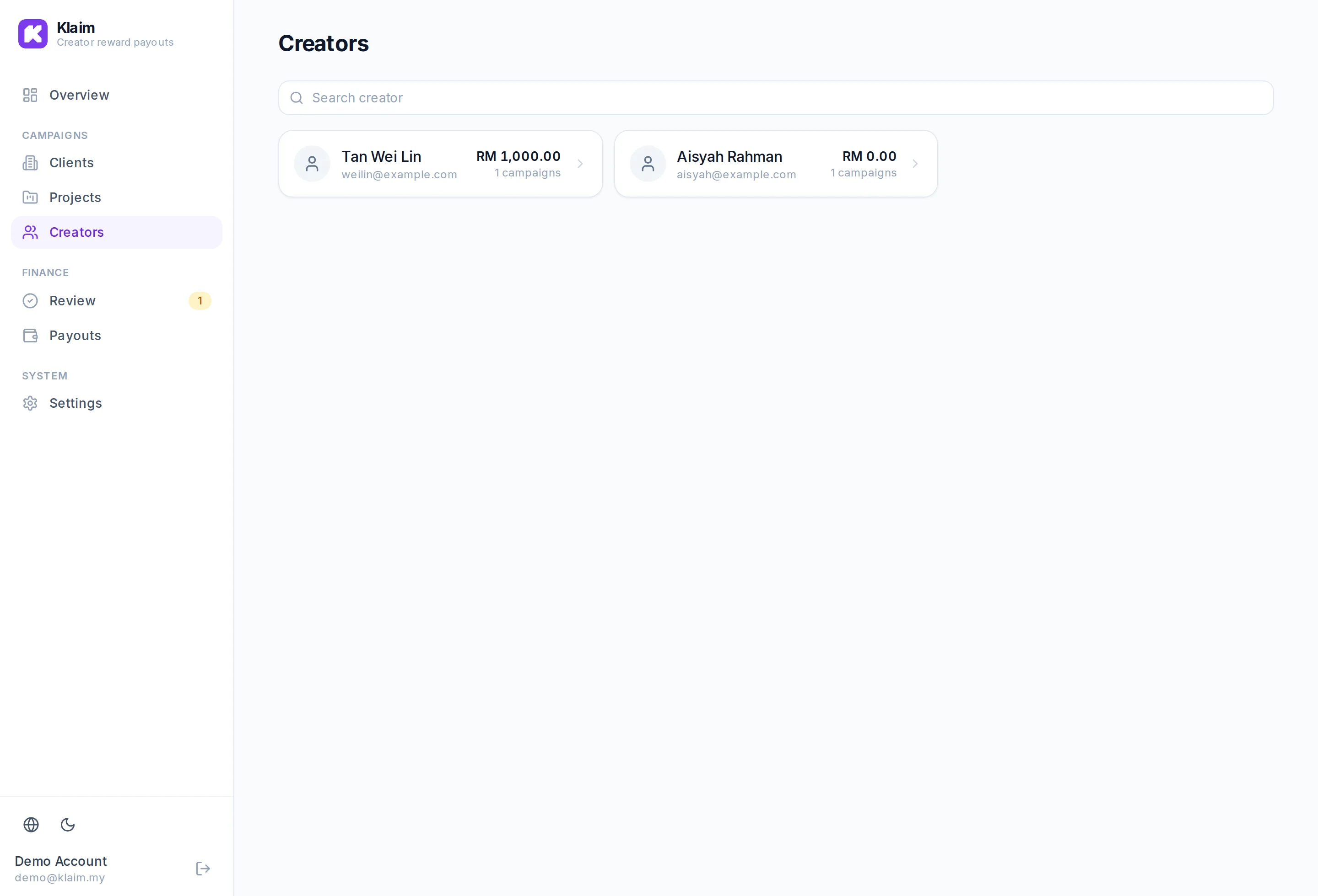 Creator roster